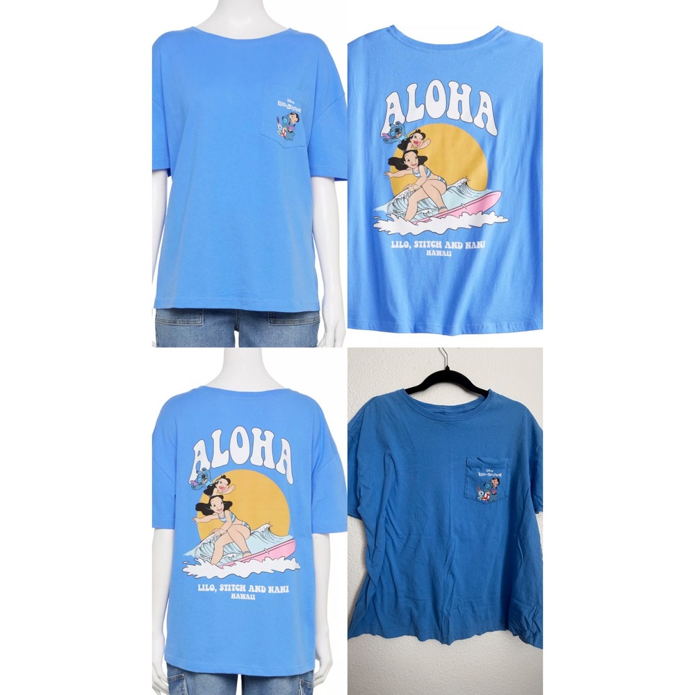 Disney Lilo & Stitch Aloha Hawaii Pocket T-Shirt Blue Mad Engine Mens Medium